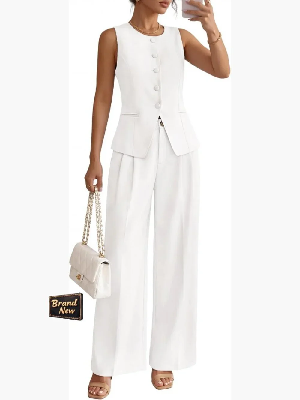 Sleeveless Blazer Vest Wide Leg Pants 2 Piece Suit Set Business Casual Work